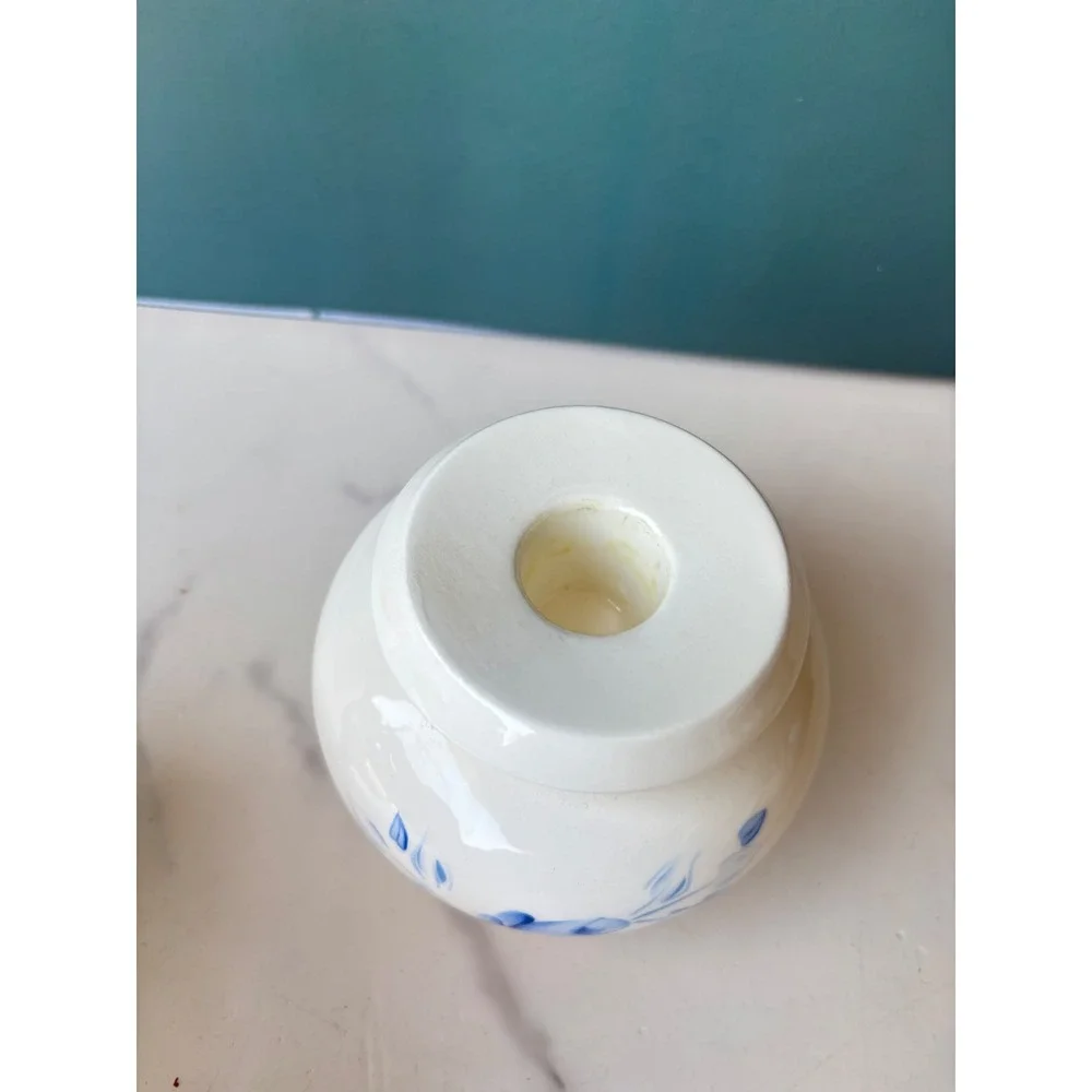 Vintage Hurricane Candle Holder Blue Floral Ceramic Hand Painted USA